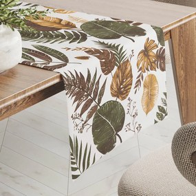 Biante Bavlnený behúň na stôl Sandra SA-540 Hnedo-zelené listy na bielom 35x140 cm