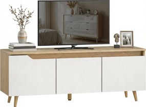 HOMCOM TV skrinka do 55" s 3 dvierkami a nastaviteľnou policou – 5 borovicových nôh, dub/biela | Aosom
