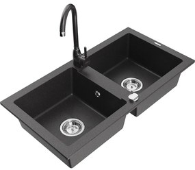Mexen Mario, 2-komorový granitový drez 82x44 cm s kuchynskou batériou Telma, čierna-škvrnitá, 6504-76-670200-76