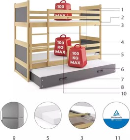 Poschodová posteľ s prístelkou RICO 3 200x90 Borovica - Grafitová