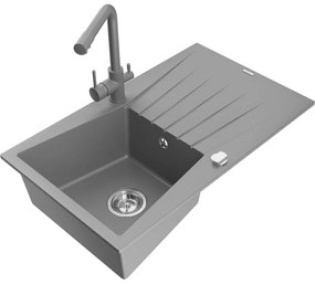 Mexen Cesar, granitový drez 775x470x190 mm, 1-komorový a šedá matná batéria Duero, šedá, 6514-71-671600-71