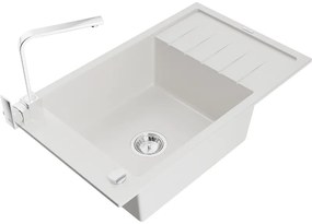 Mexen Elias, granitový drez granitový 795x480x200 mm, 1-komorový, biela s chrómovým sifónom a chrómová drezová batéria Rita, 6511-20-670300-00