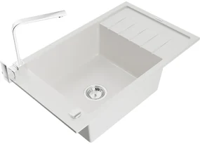 Mexen Elias, granitový drez granitový 795x480x200 mm, 1-komorový, biela s chrómovým sifónom a chrómová drezová batéria Rita, 6511-20-670300-00