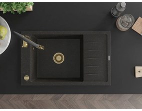 Mexen Elias, 1-komorový granitový drez 795x480x200 mm a drezová batéria Aster, čierna-zlatá metalíza, 6511-75-73450-57-G