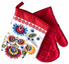 Kuchynská rukavica FOLK II, červeno-biela s ornamentami - sada 2ks