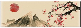 Obraz na plátne - Tradičné sumi-e obraz: sakura, slnko a hory - panoráma 5271FA (120x45 cm)