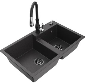 Mexen Tomas, granitový drez 800x500x190 mm, 2-komorový a drezová batéria Savita, čierna škvrnitá, 6516-76-672601-70-B