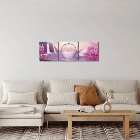Obraz ružových stromov s jazerom (s hodinami) (90x30 cm)