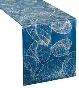 Zamatový stredový obrus s lesklou potlačou listov modrej farby