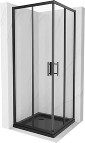 Mexen Rio, štvorcový sprchovací kút s posuvnými dverami 90 x 90 cm, 5mm číre sklo, čierny profil + čierna sprchová vanička, 860-090-090-70-00-4070B