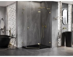 Mexen Lunar, L pravý výklopný päťuholníkový sprchový kút 90 x 80 cm, 8mm číre sklo, zlatý profil, 831L-090P-080L-50-00-P