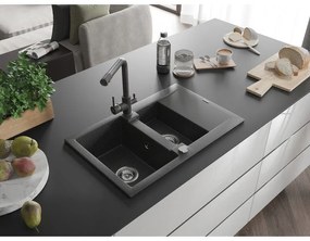 Mexen Gaspar, granitový drez 737x475x177 mm, 1,5-komorový, čierna škvrnitá batéria Duero, čierna škvrnitá, 6507-76-671600-76