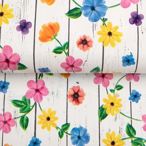 PVC obrus Farebné kvety na bielom drevodekore PV-110 - metráž š. 140 cm