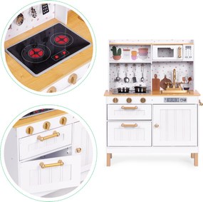 Detská drevená kuchynka ECOTOYS s LED a zvukmi, otvárateľné dvierka, 7 kovových doplnkov