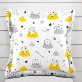 Biante Detská bavlnená obliečka na vankúš s lemom Sandra SA-725 Medvedíky na žlto-sivých obláčikoch na bielom 50 x 60 cm