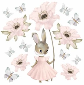 Gario Detská nálepka na stenu Pastel bunnies - zajačik, kvety a motýle Rozmery: XL