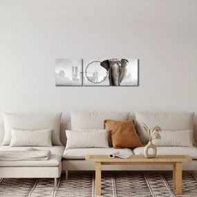 Obraz - Sloník vo veľkomeste, čiernobiely variant (s hodinami) (90x30 cm)