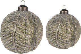 Set 2 ks zelených sklenených vianočných gulí s motívom listov – Ø 10 cm a Ø 8 cm