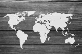 Obraz na korku čiernobiela moderná mapa sveta na drevenom podklade