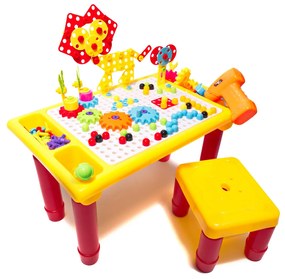 KIK Mozaika detské plastové bloky, stôl, stoličky + náradie 296 dielikov