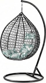 Čierne závesné kreslo KOKON so stojanom, zeleno-biely vankúš