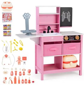 Herná súprava Lekárska ordinácia, Drevené lekárske centrum s tabuľou, Zvieracie váhy, Kohútik, Drez, Ružová