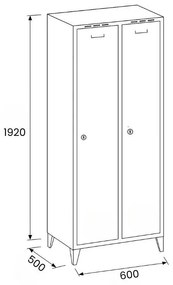 Plechová šatníková skrinka S7 na nohách, 2-dverová, 1920 x 600 x 500 mm, otočný zámok, modré dvere