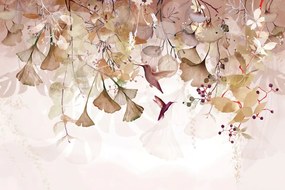Samolepiaca tapeta listy s kolibríkmi v hnedo-ružovom