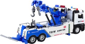 LEAN Toys Nákladné auto s žeriavom, dvoma hákmi, kovové, bielo-modré, svetlá a zvuky