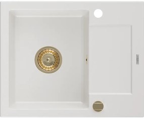 Mexen Enzo, granitový drez 576x465x174 mm, 1-komorový, biela so zlatým sifónom, 6506571005-20-G