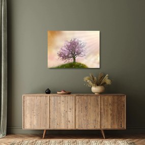Sklenený obraz rozkvitnutého stromu na vrchole kopca (70x50 cm)