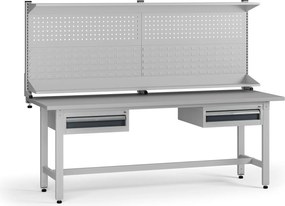 Výškovo nastaviteľný dielenský stôl G5 s nadstavbou, 2100 x 750 x 800-1000 mm, 2x kontajner, 2 zásuvky, grafit