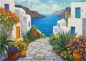 Sklenený obraz - Grécka ulička (70x50 cm)