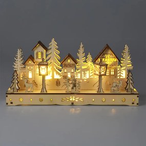 Drevená dekorácia DEDINA s LED 30 cm, prírodná