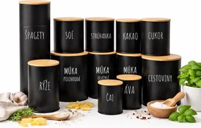 Orion Sada 12ks plechových dóz na potraviny, čierne, slovenské názvy, s bambusovým vekom SADA SK