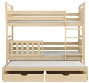 Detská poschodová posteľ z masívu borovice ONDRA s prístelkou a šuplíkmi - 200x80 cm - PRÍRODNÁ BOROVICA