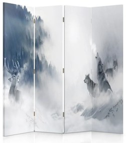 Ozdobný paraván Vlčí mlžný les - 145x170 cm, štvordielny, klasický paraván