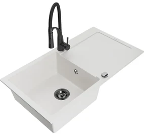 Mexen Leo, granitový drez 900x500x190 mm, 1-komorový a drezová batéria Aster, biela, 6501-20-73450-70-B