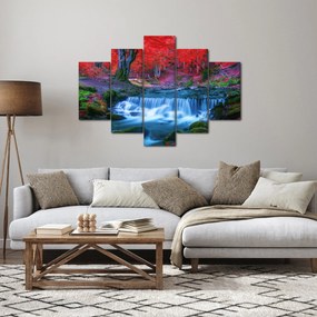 Obraz vodopádu v červenom lese (150x105 cm)