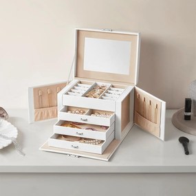 Šperkovnica, organizér na šperky so 4 úrovňami, uzamykateľná, biela