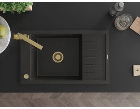 Mexen Elias, granitový drez granitový 795x480x200 mm, 1-komorový, čierna-zlatá metalíza so zlatým sifónom a zlatá drezová batéria Rita, 6511-75-670300-50