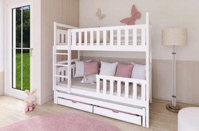 Detská poschodová posteľ z masívu borovice KLÁRA s prístelkou a šuplíkmi - 200x90 cm - BIELA