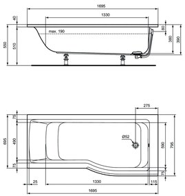 Ideal Standard Connect Air - Vaňa so zónou pre sprchovanie (pravá) 1695x795 mm, biela E113501