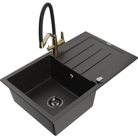 Mexen Bruno, 1-komorový granitový drez 795x495x200 mm a drezová batéria Duo, čierna-zlatá metalíza, 6513-75-671701-57-B