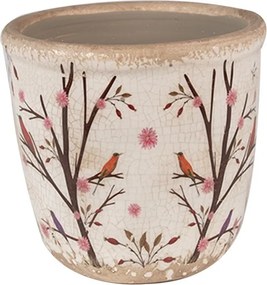 Béžový keramický obal na kvetináč s kvetmi a vtáčikmi Birdie XS - Ø 11*10 cm