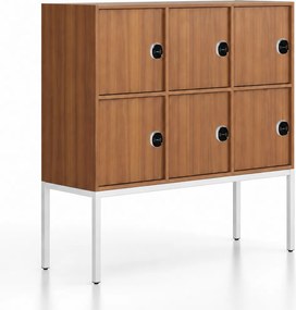 Kancelárska skriňa FRAME, nízka, biela podnož, 6x dvere, 1299 x 450 x 1331 mm, RFID zámok, orech