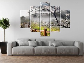 Gario Obraz s hodinami Kvitnúca višňa - 5 dielny Rozmery: 150 x 70 cm