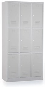 Kovová šatníková skrinka - 9 boxov, 90 x 45 x 185 cm, cylindrický zámok, svetlo sivá - ral 7035