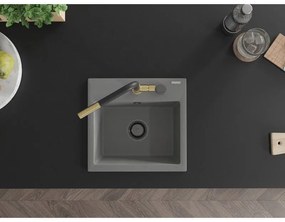 Mexen Milo, 1-komorový granitový drez 435x410x171 mm a drezová batéria Flora, šedá, 6505-71-670401-57-B