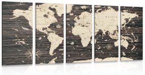 5-dielny obraz mapa na drevenom pozadí - 100x50